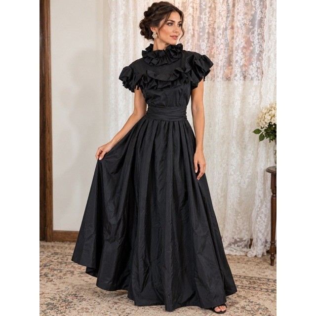 Vintage ILGWU Black Ruffle High Neck Maxi Gown Taffeta Formal Dress Size 7/8