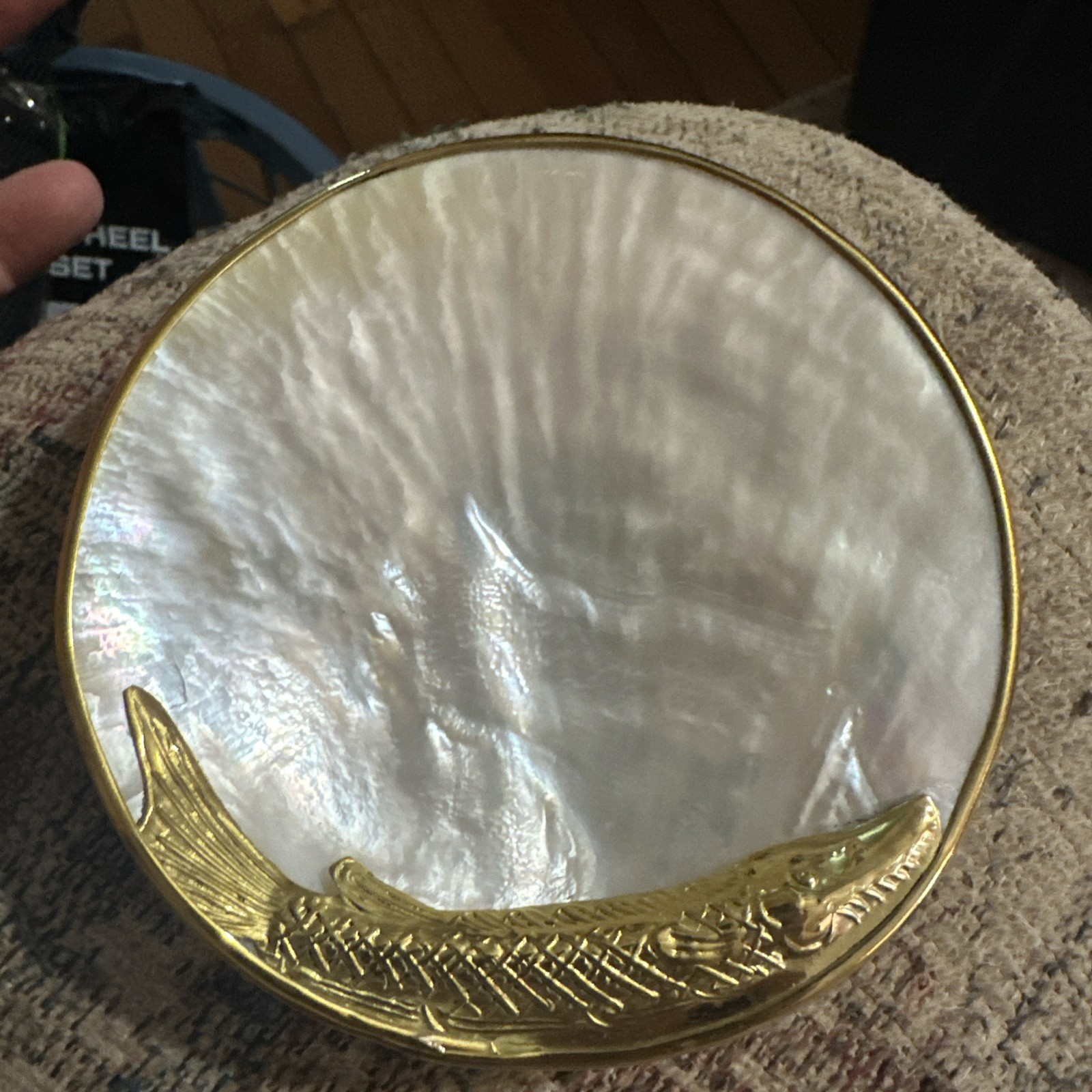 Round Mother-of-Pearl Shell & Brass Decorative Bowl, Gold Rim, White/Gold New