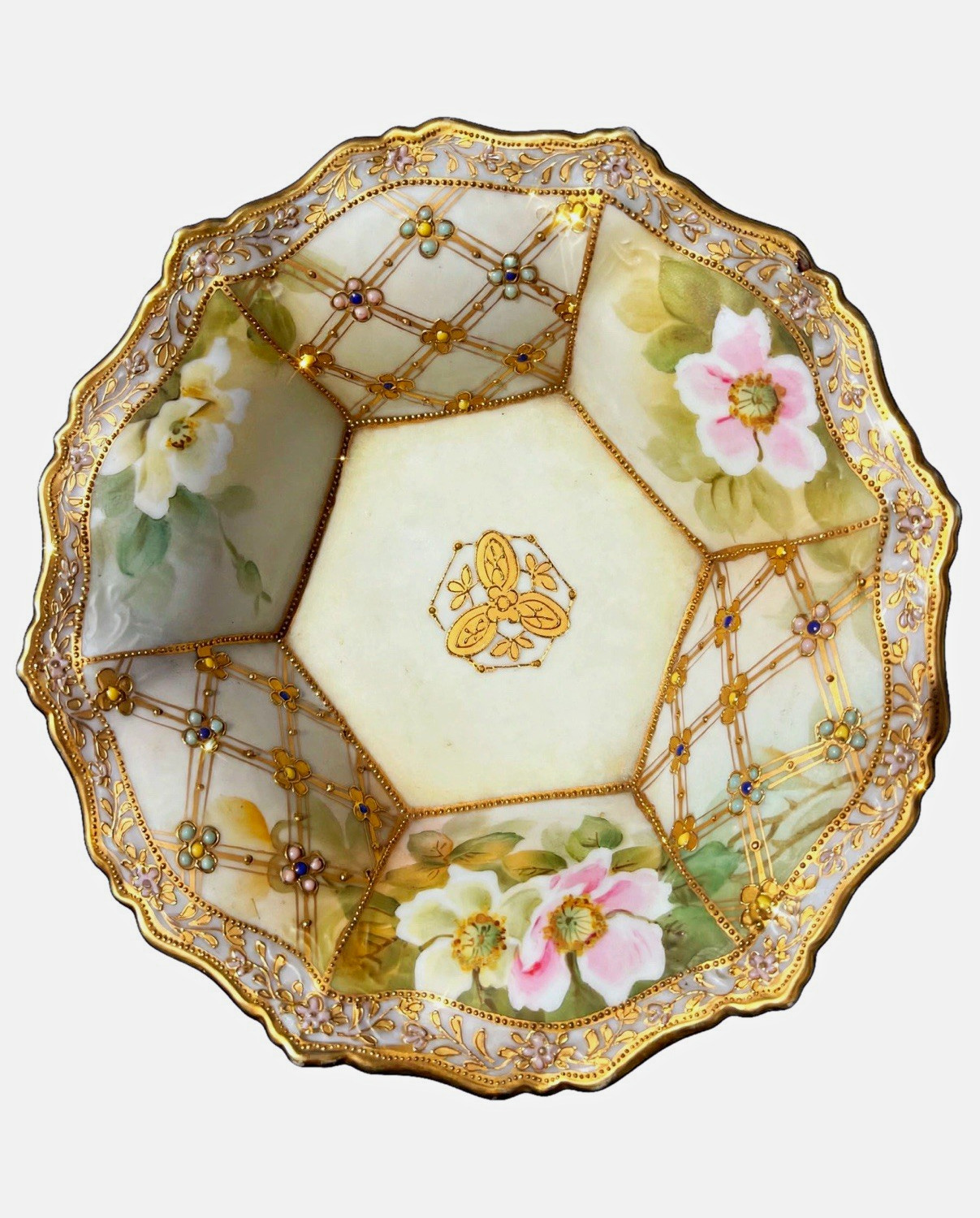 Antique Nippon M Wreath Bowl Moriage Jeweled Floral Hexagonal Gold Gilt 