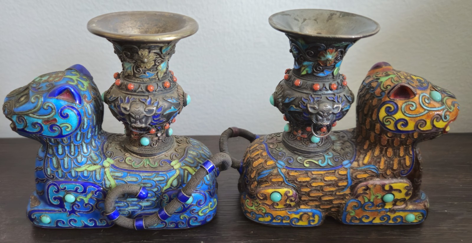 Old Vintage Pair Chinese Silver Enamel Tiger Vase Inlaid Gem Turquoise 454g 16oz