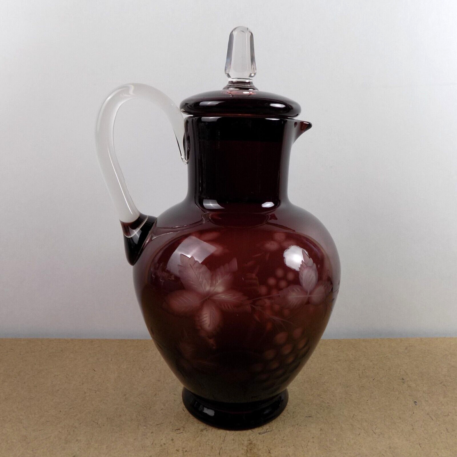 Antique Bohemian Glass Lidded Pitcher Cut Amethyst Grape Vine Design 10.5\ Antique Bohemian Glass Lidded Pitcher Cut Amethyst Grape Vine Design 10.5\
