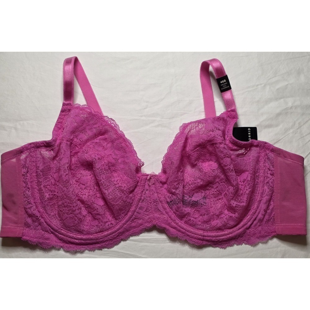 Torrid Sugar Rush Full Coverage Unlined Underwire Bra 46B Pink Lace NEW