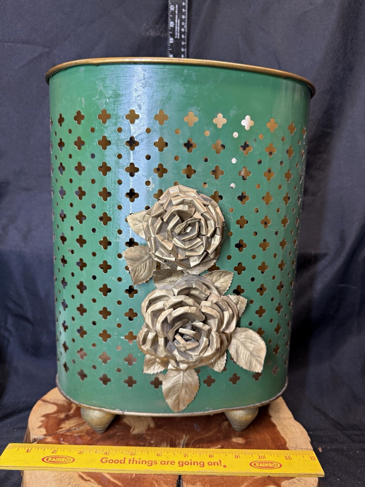 Vintage Weibro MCM Green Gold Metal Wastebasket Trash Can Roses Hollywood Regenc