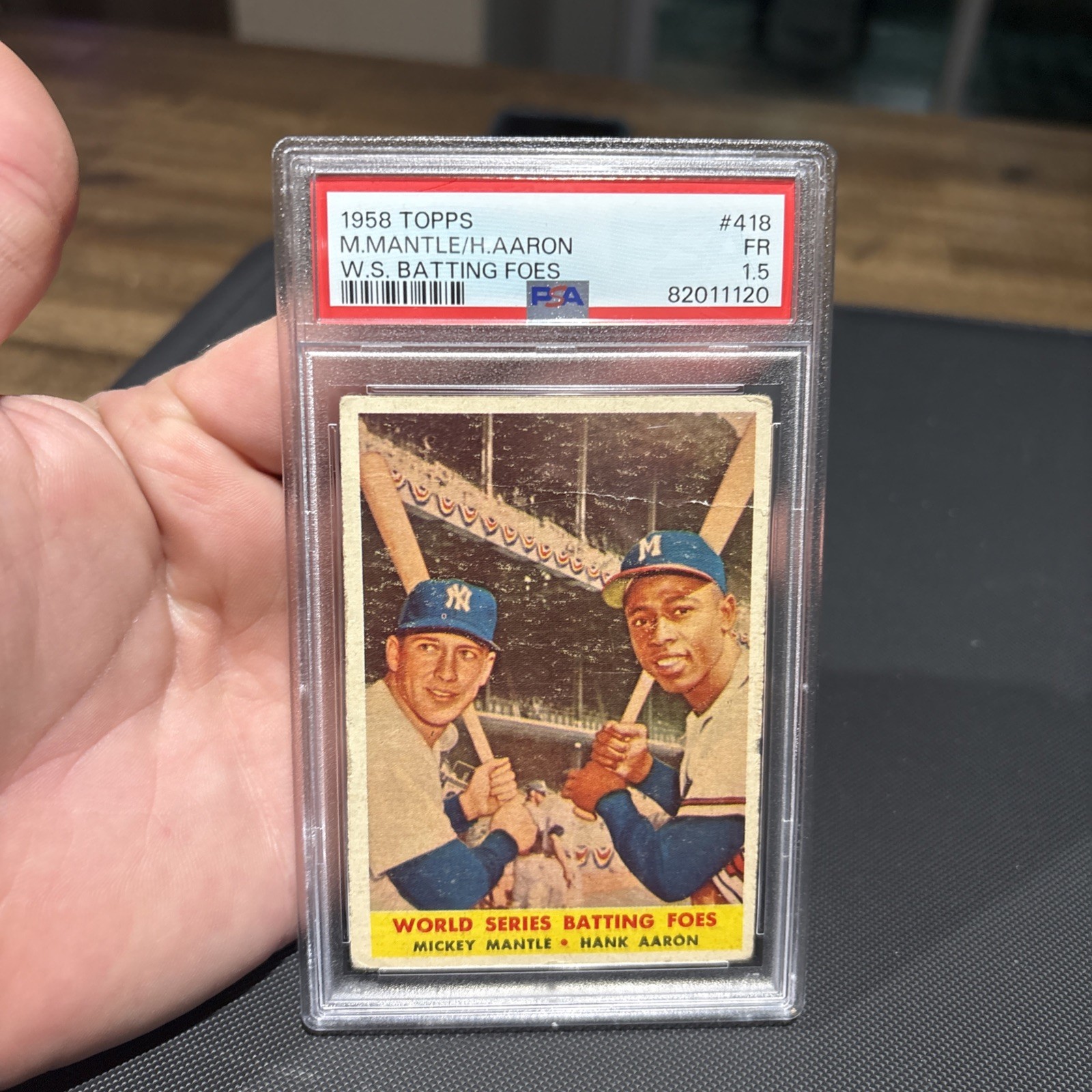 Graded Topps 1958 418 World Series Batting Foes Mickey Mantle Hank Aaron PSA 1.5