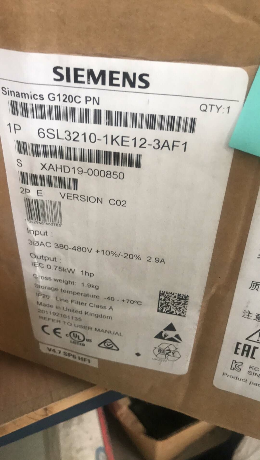 1PC Siemens 6SL3210-1KE12-3AF2 6SL3 210-1KE12-3AF2 G120C Inverter New In Box