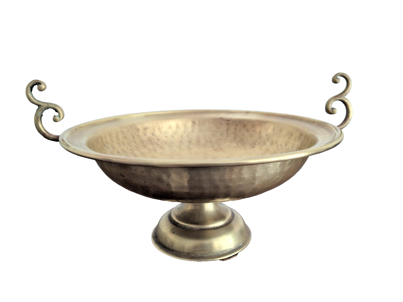 Vtg Hammered Dimpled Brass Pedestal Compote Bowl Scroll Handles Centerpiece
