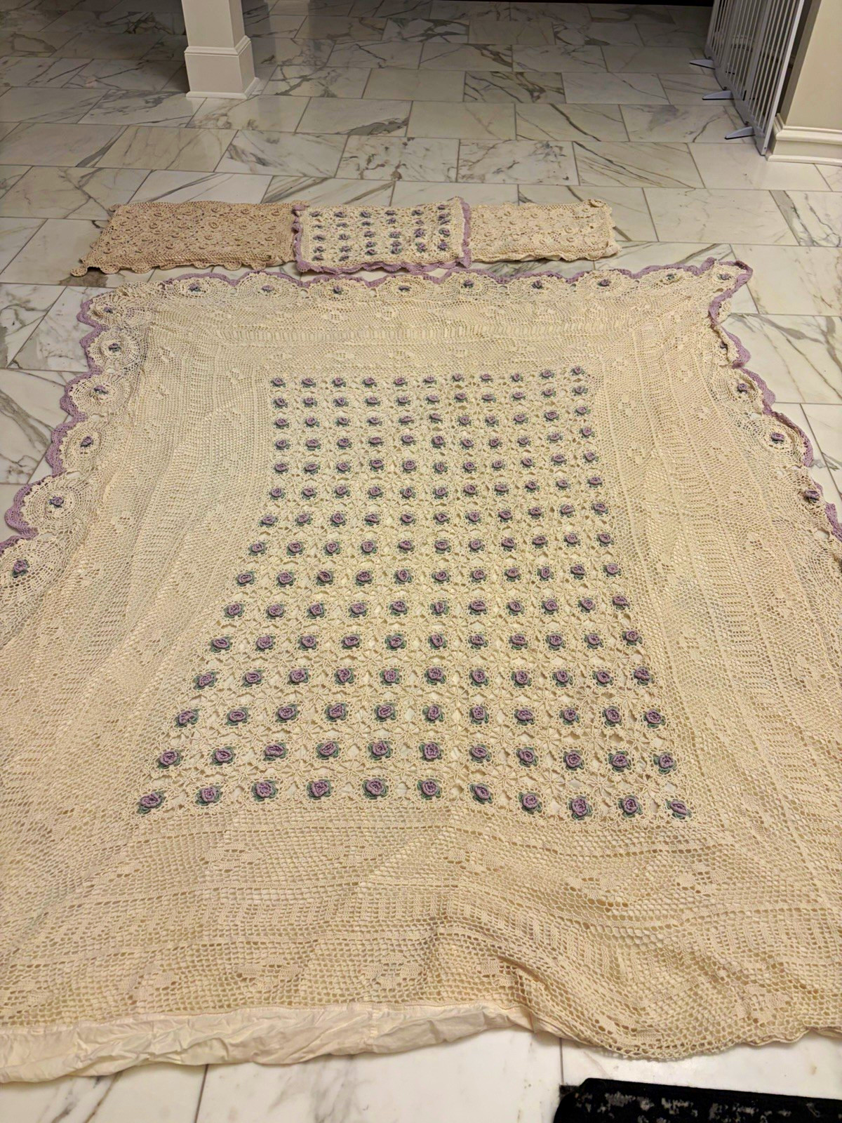 Vintage Hand Crocheted Floral Bed Throw Blanket, Beige Purple Green, Rectangular