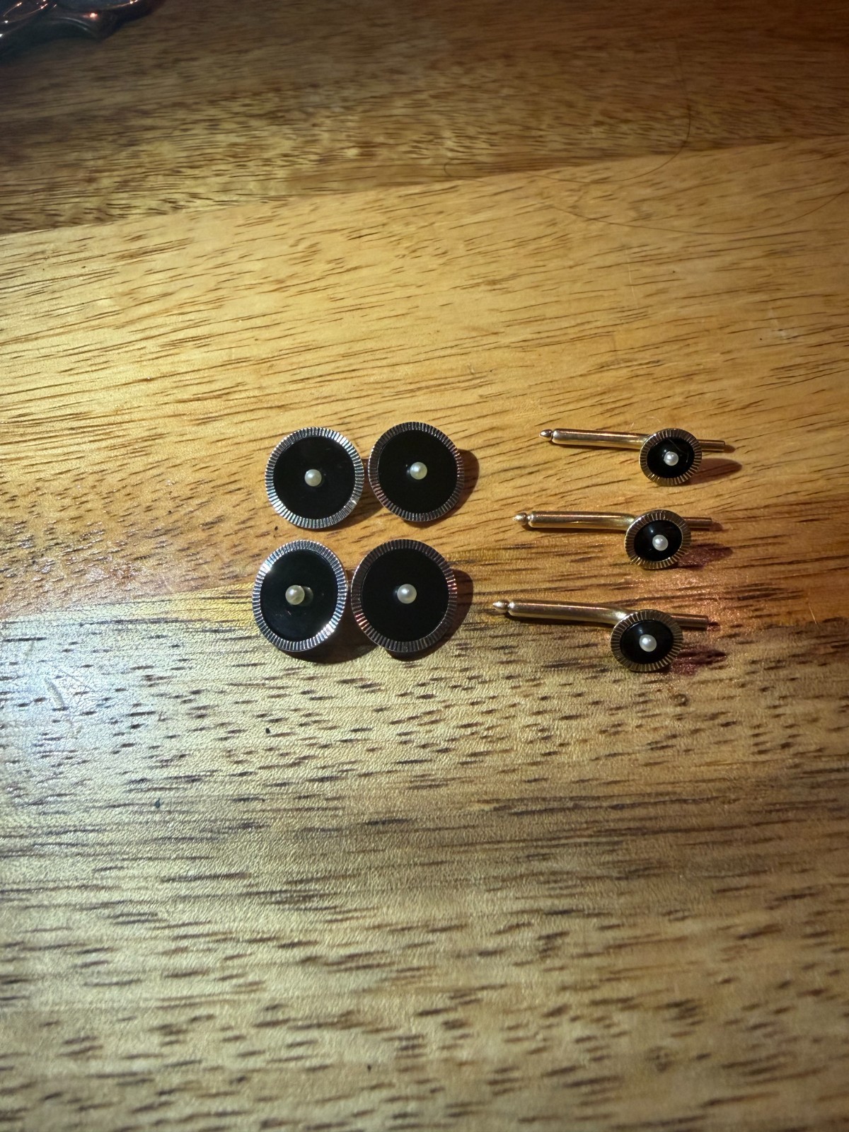 Antique Larter & Sons 14K Gold Onyx Pearl Tuxedo Set Cufflinks Shirt Studs 5pc Antique Larter & Sons 14K Gold Onyx Pearl Tuxedo Set Cufflinks Shirt Studs 5pc