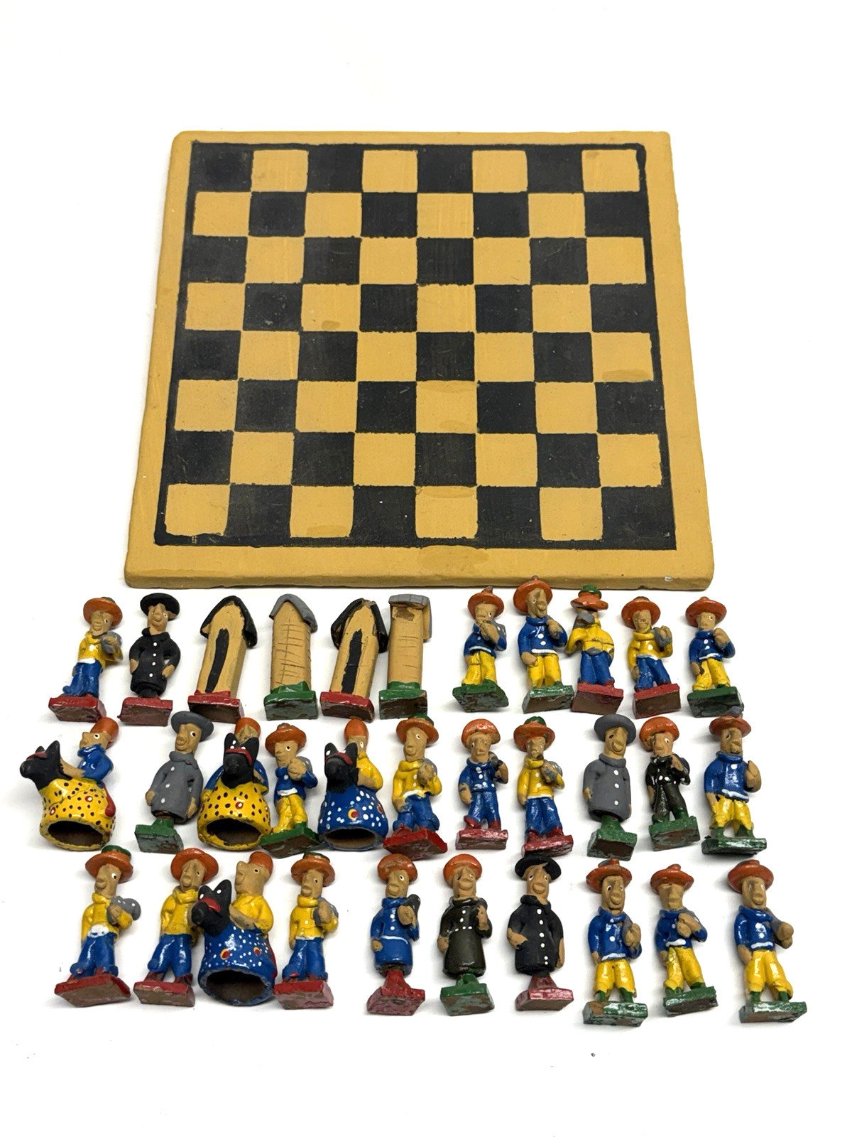 Vintage Handmade Painted Crafted Brazilian Chess Set Clay 32 Figurines