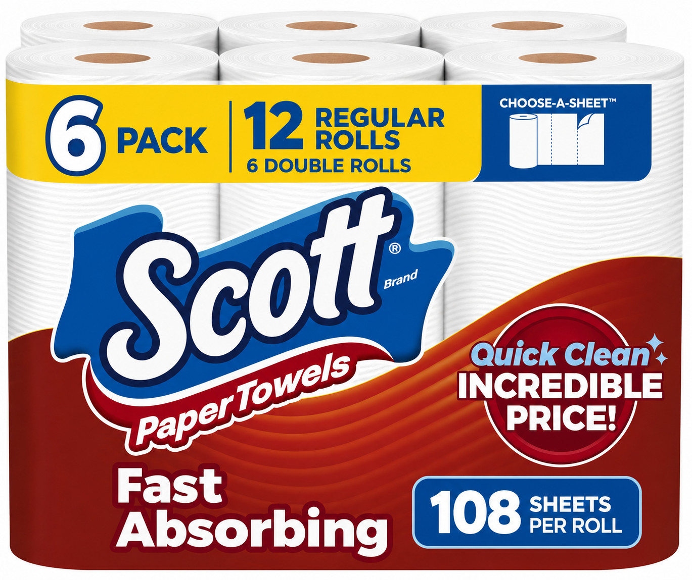 Scott Paper Towels, Choose-A-Sheet, 6 Double Rolls = 12 Regular Rolls (108 Sheet Scott Paper Towels, Choose-A-Sheet, 6 Double Rolls = 12 Regular Rolls (108 Sheet