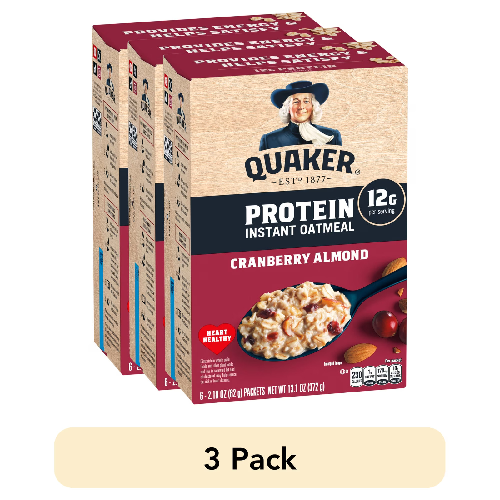 (3 pack) Quaker Protein Instant Oatmeal, Cranberry Almond, 12g Protein per Servi (3 pack) Quaker Protein Instant Oatmeal, Cranberry Almond, 12g Protein per Servi