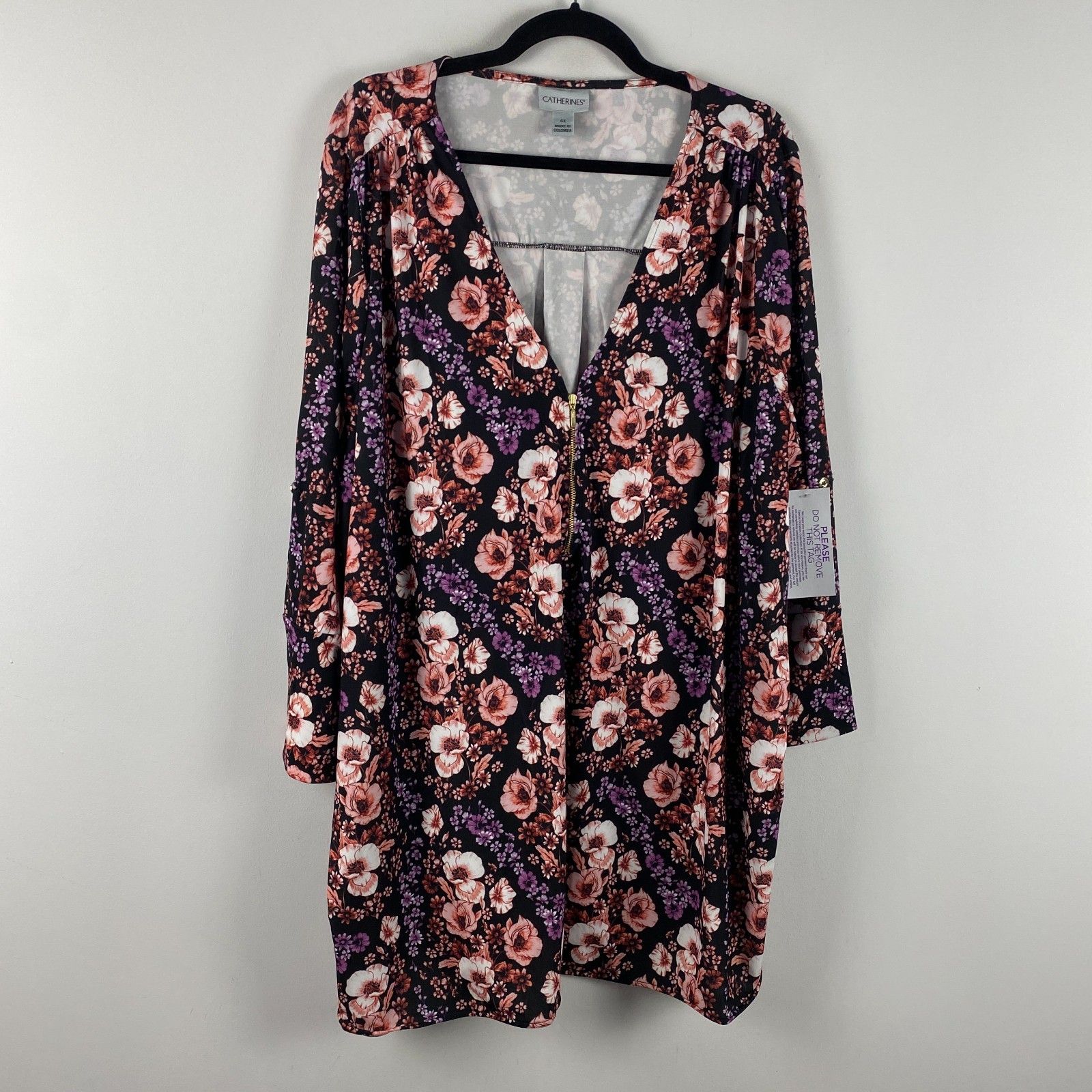 Catherines Dream Drape Zip V-Neck Top Size 4X Tunic Black Floral Stretch
