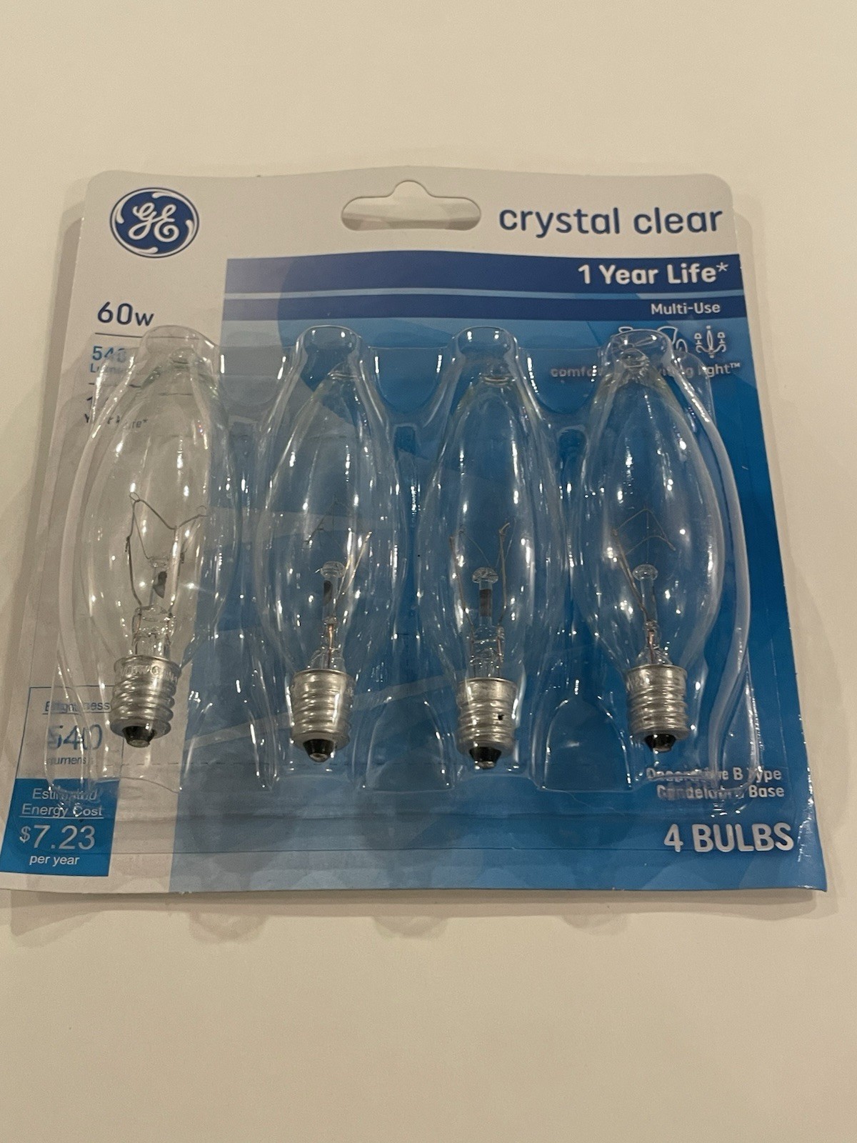 4 GE 60w Decorative B Multi Use Candelabra Base Bulbs Crystal Clear 4PK Bulb 4 GE 60w Decorative B Multi Use Candelabra Base Bulbs Crystal Clear 4PK Bulb