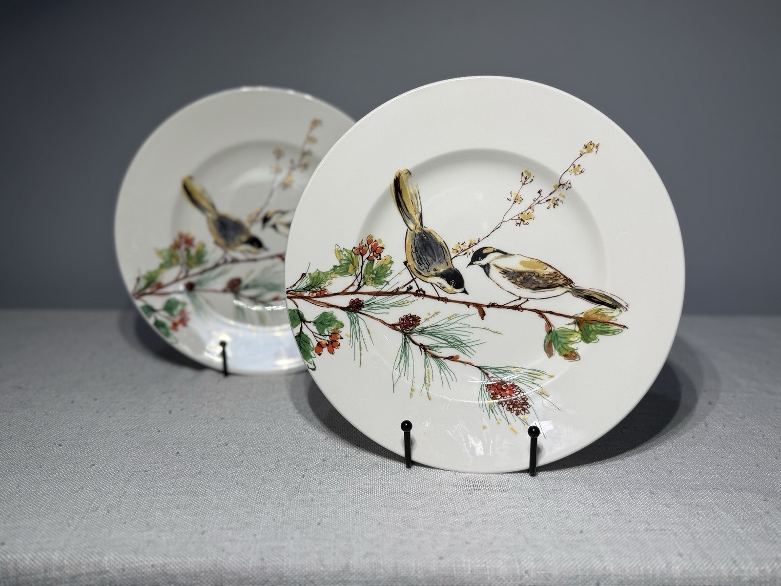 Lenox Winter Song NEW 9.5” Dinner Plates Set of 2 Birds Pinecones NOS Unused