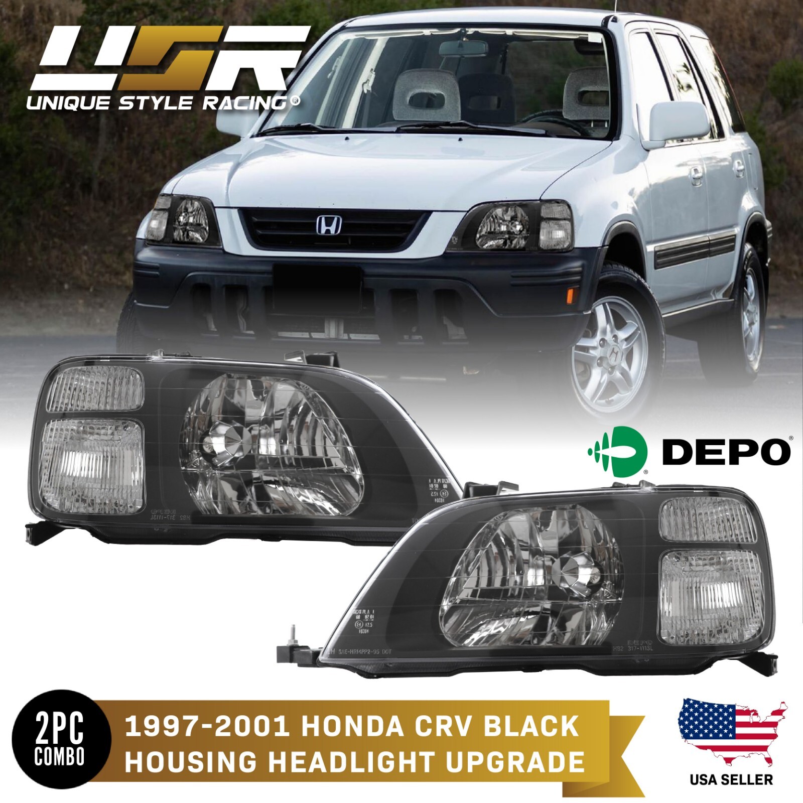 DEPO JDM Black Housing Headlights w/ Clear Corners For 1997-2001 Honda CRV CR-V DEPO JDM Black Housing Headlights w/ Clear Corners For 1997-2001 Honda CRV CR-V