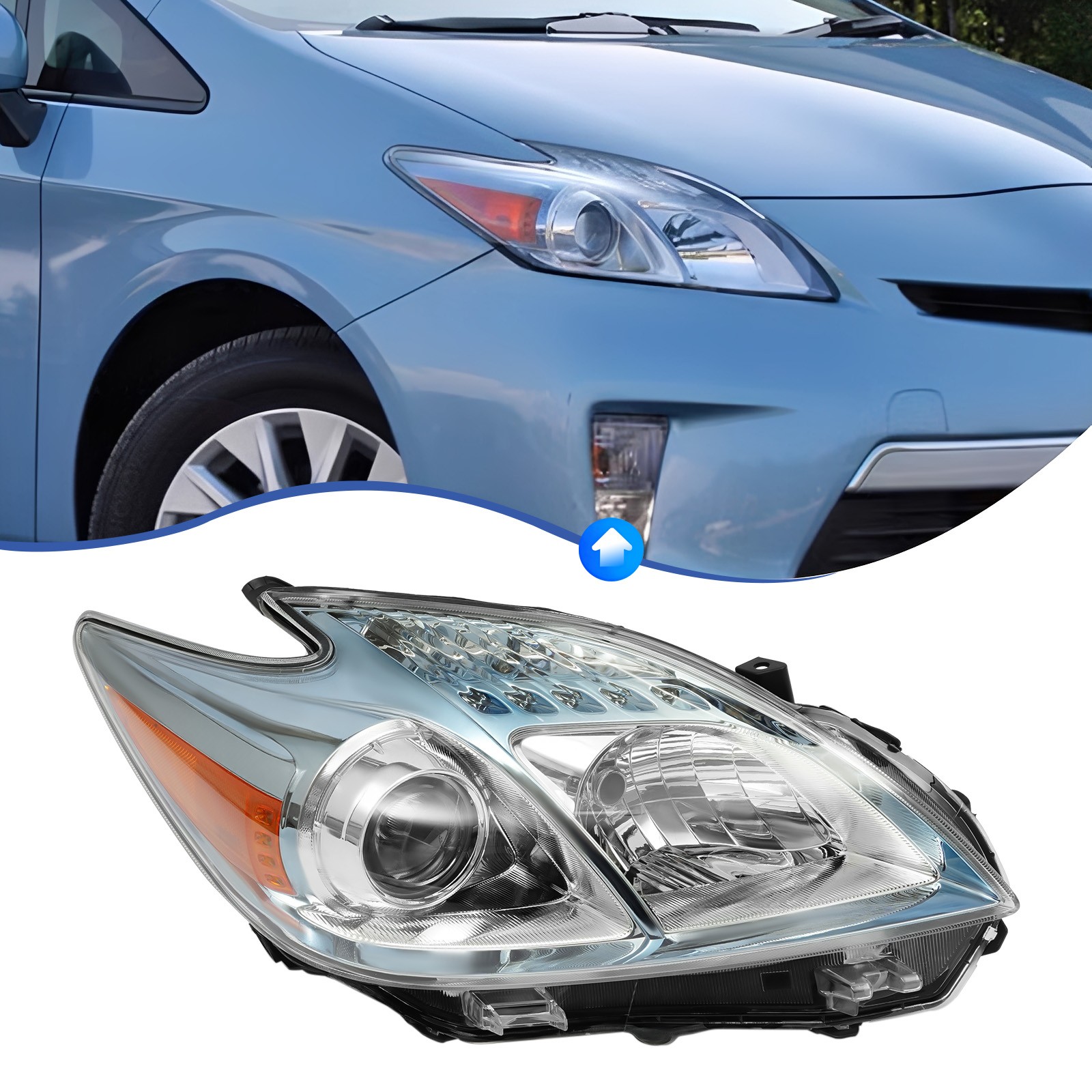 Direct Replacement Factory Chrome Halogen Headlight Fit 2010-2011 Toyota Prius
