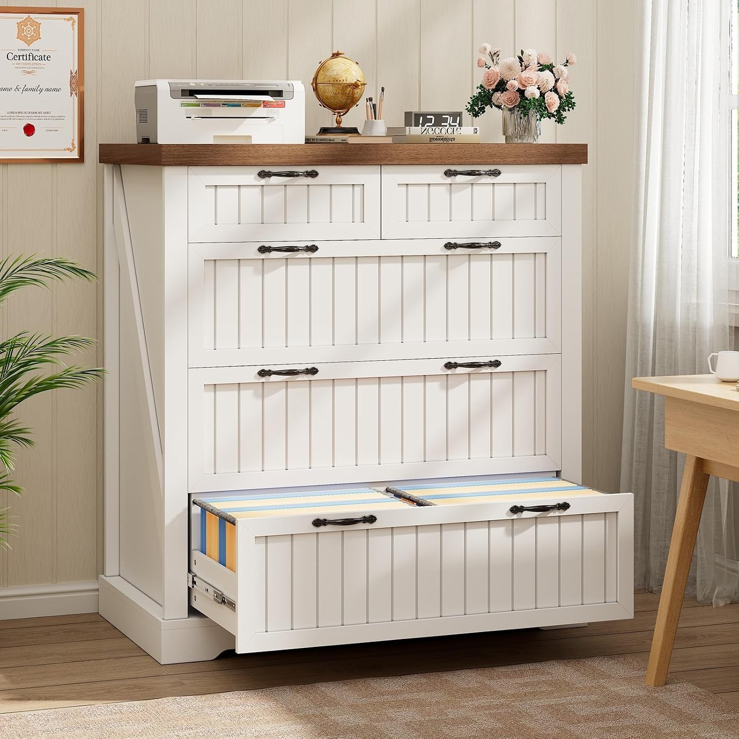 5-Drawer Farmhouse Wood File Cabinet w Printer Stand, Home Office 5-Drawer Farmhouse Wood File Cabinet w Printer Stand, Home Office