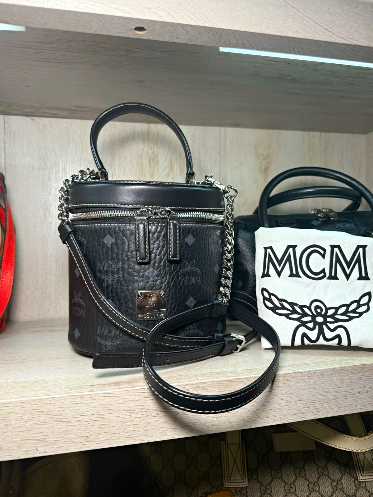 MCM Black Monogram Mini Cylinder Zip Crossbody Top Handle Silver Hardware