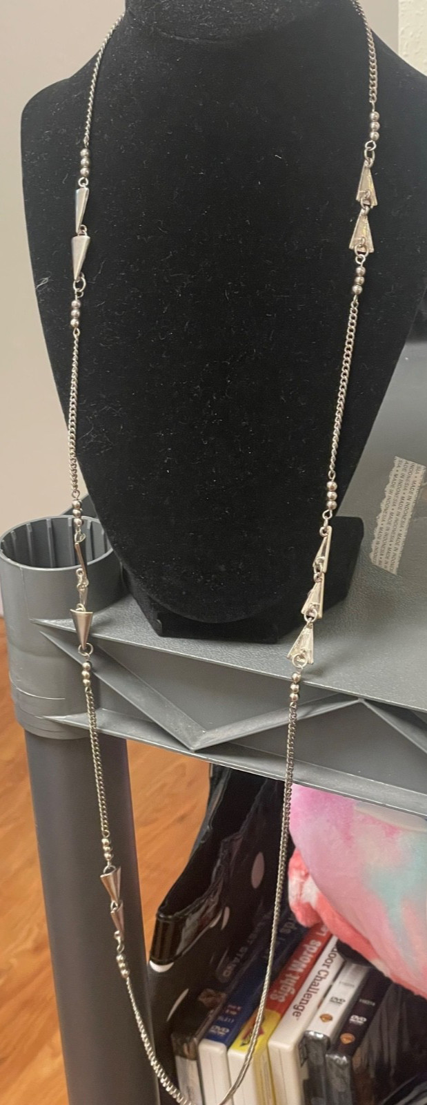 Vintage Silver tone Unusual Link Necklace 48” long layered tribal triangles