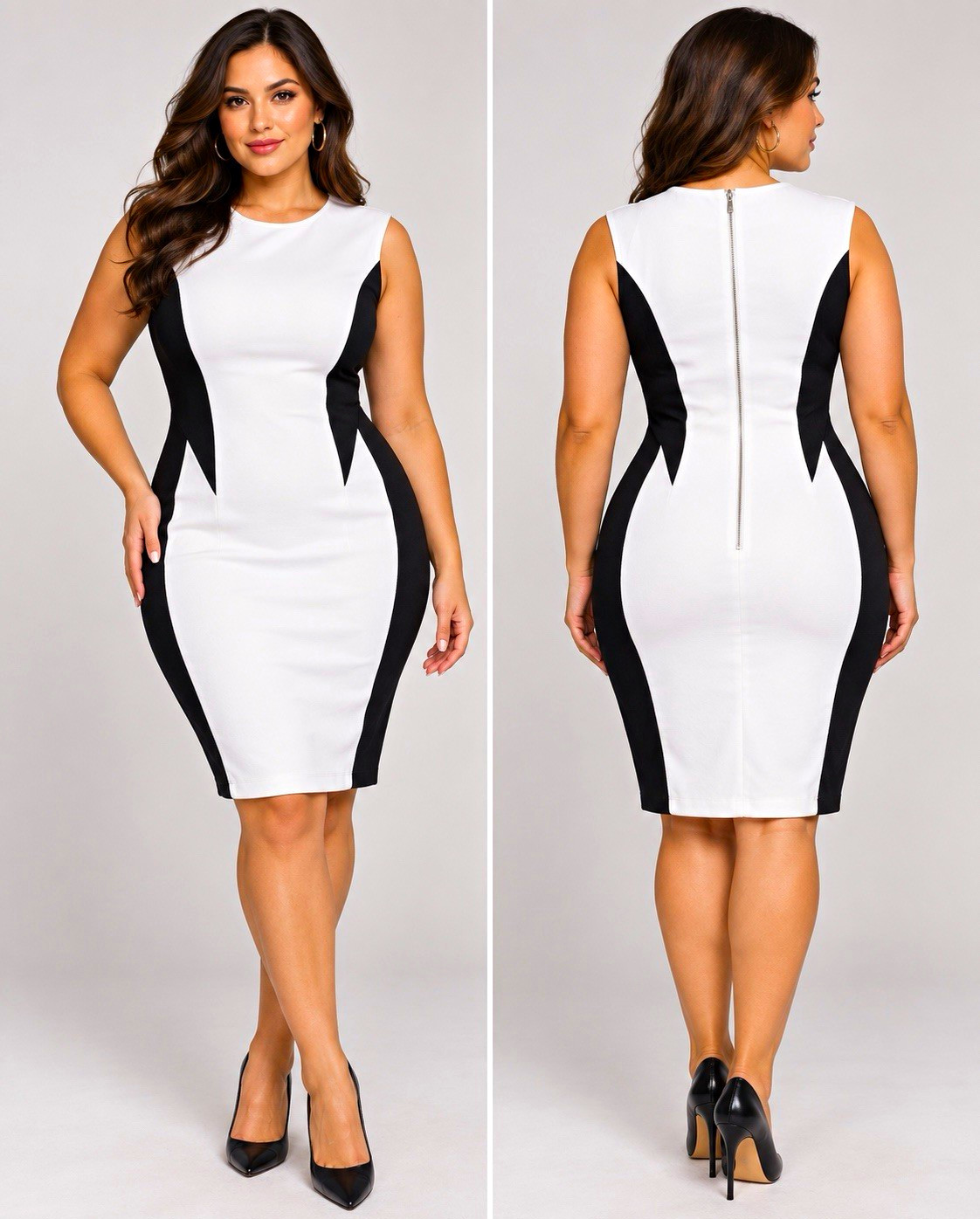 Women’s White/Black Colorblock Bodycon Dress Round Neck Sleeveless Knee M/L Women’s White/Black Colorblock Bodycon Dress Round Neck Sleeveless Knee M/L