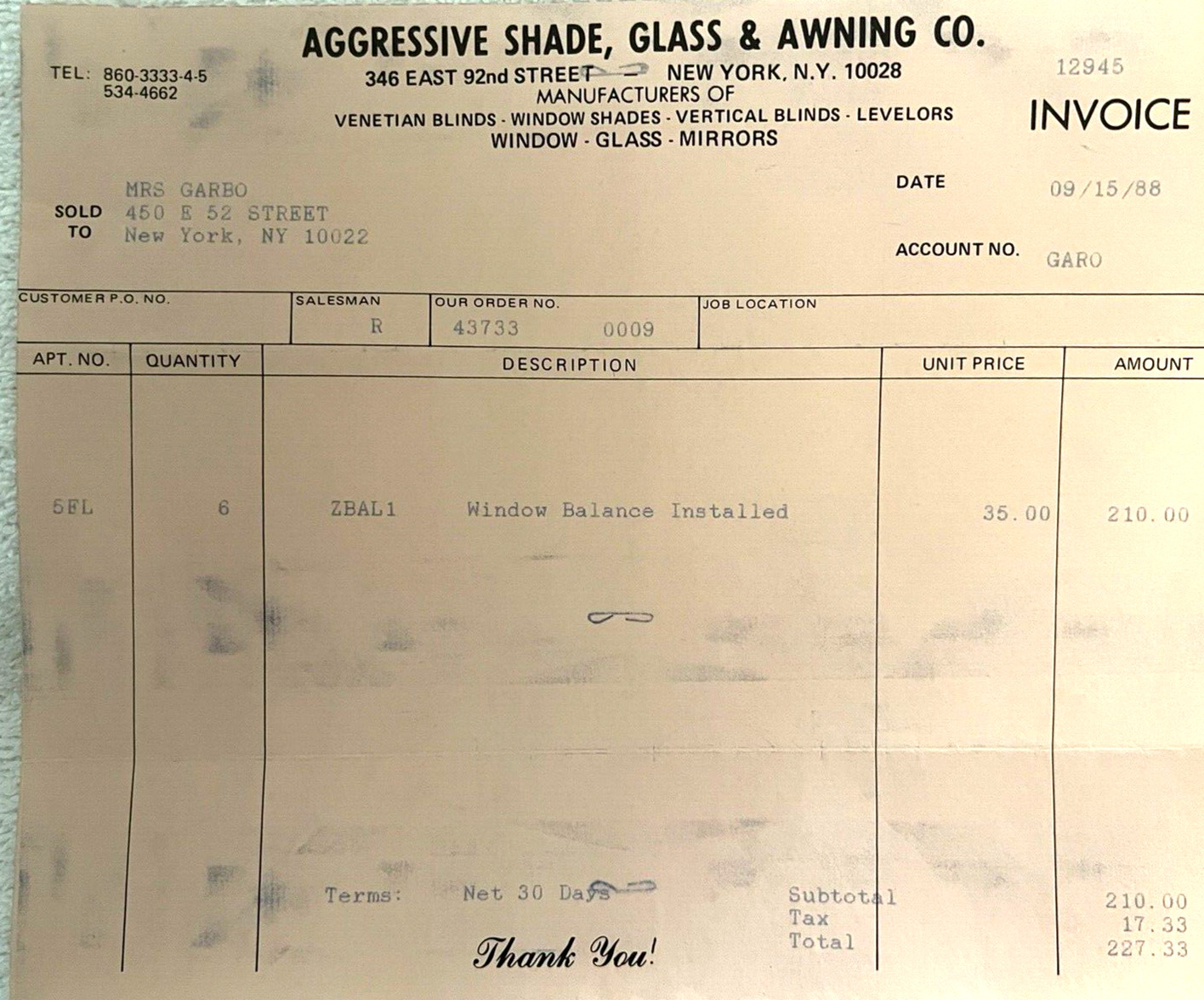 GRETA GARBO'S RARE ORIGINAL PERSONAL 1988 WINDOW INSTALLATION INVOICE