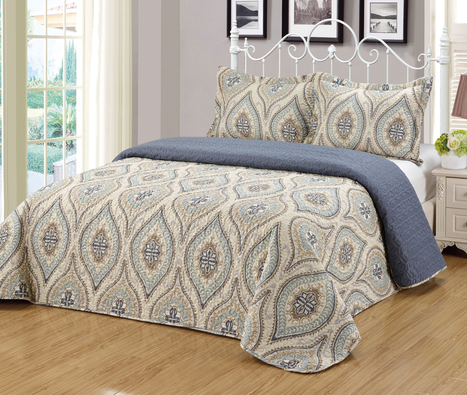3Pc Reversible Quilt Set Bedspread Bedding Coverlet Set Floral King