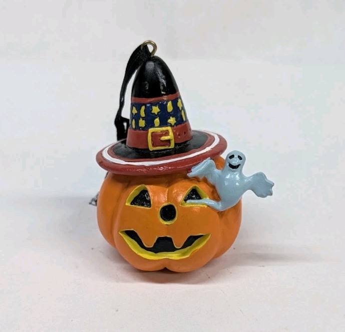 Mary Engelbreit Halloween Ornament Pumpkin W/ Hat & Gray Ghost 