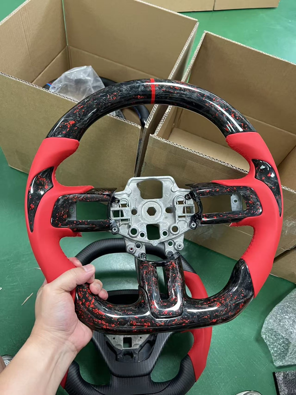 Black forged carbon fiber red leather steering wheel for for 15 -17 Ford Mustang