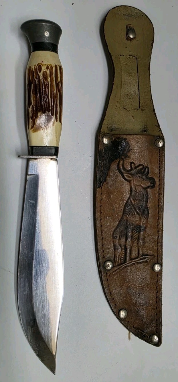 VTG TRAMONTINA BOWIE HUNTING KNIFE WITH SHEATH, INOX-STAINLESS-BRASIL, FAUX STAG