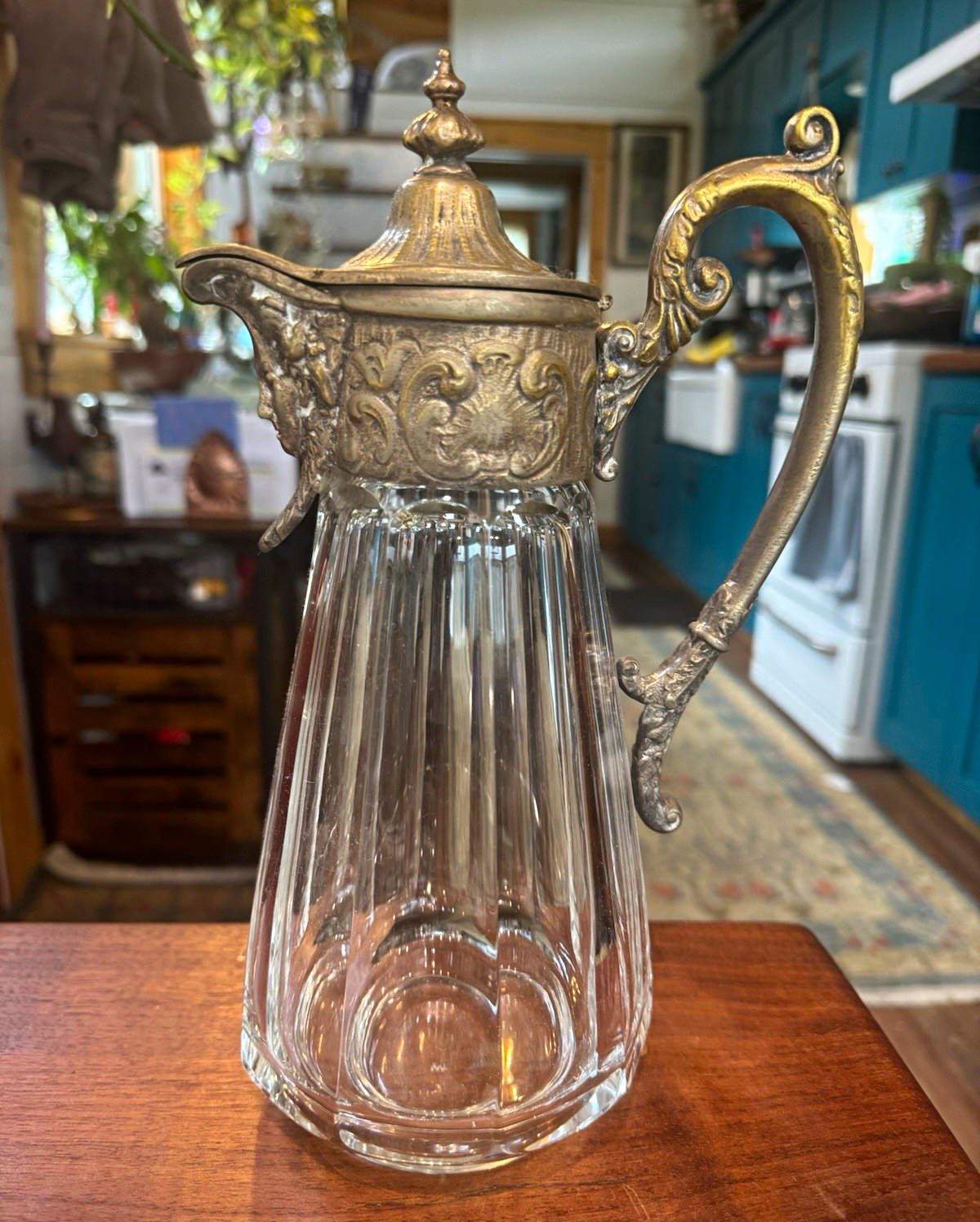 French Crystal Claret Jug, Figural Bacchus Mask Ornate Gilt Metal C. 1900 * READ French Crystal Claret Jug, Figural Bacchus Mask Ornate Gilt Metal C. 1900 * READ