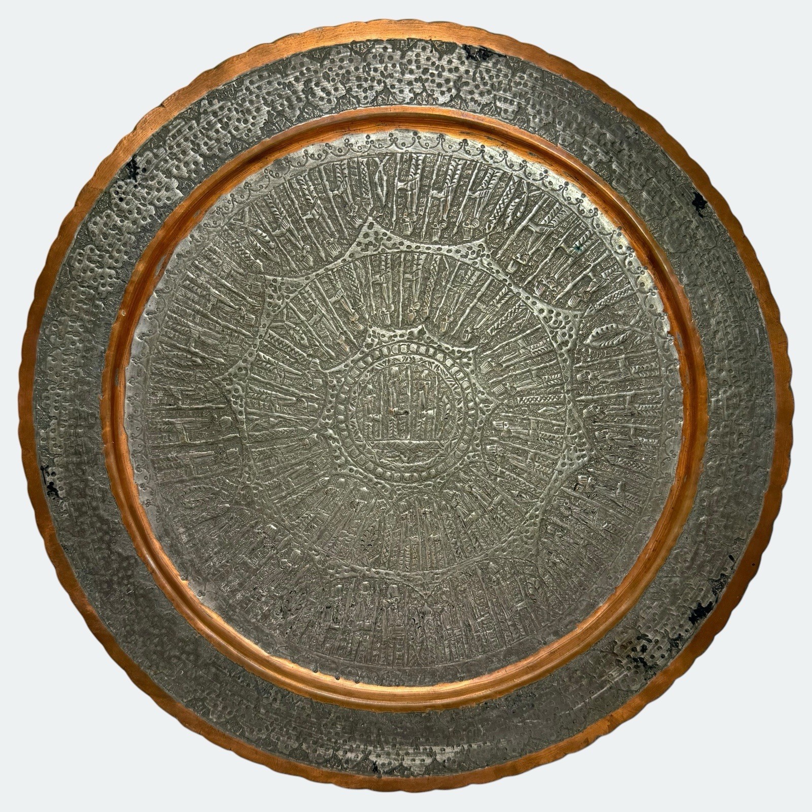 Vtg Middle Eastern Qalamzani Style Cast Tinned Copper Wall Platter Tray 15” 2lb