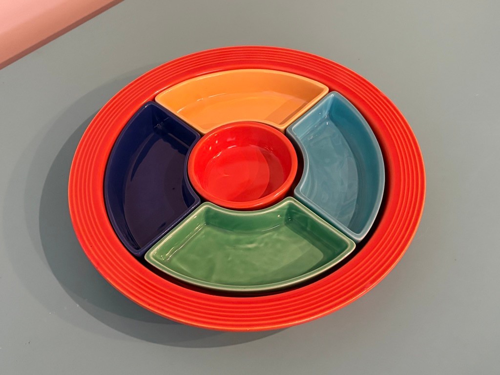 1930s-40s FIESTA GLAZED CERAMIC SEGMENTED RELISH TRAY SET BY HOMER LAUGHLIN