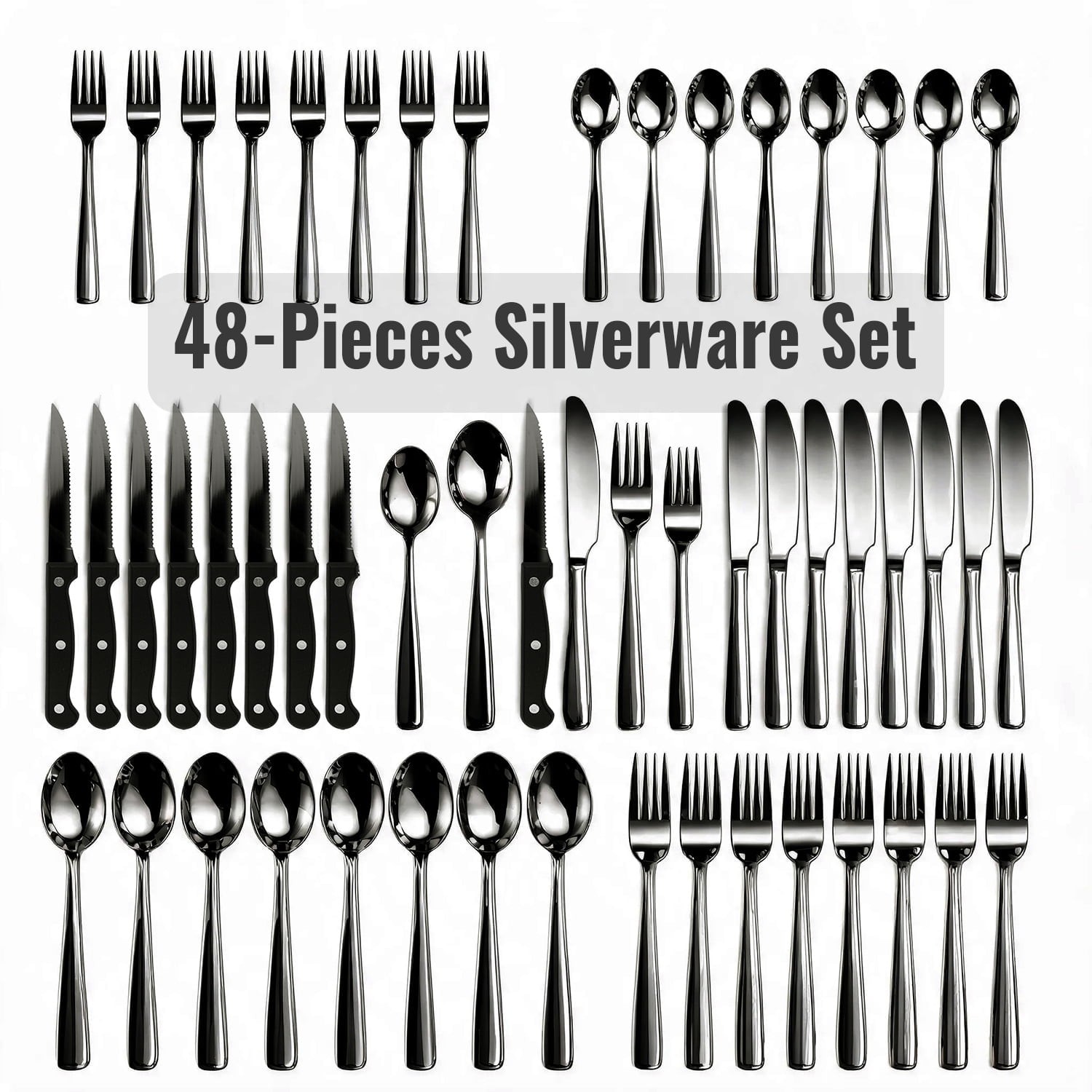 48-Piece Black Silverware Set for 8, with Steak Knives - Food Grade Stainless 48-Piece Black Silverware Set for 8, with Steak Knives - Food Grade Stainless
