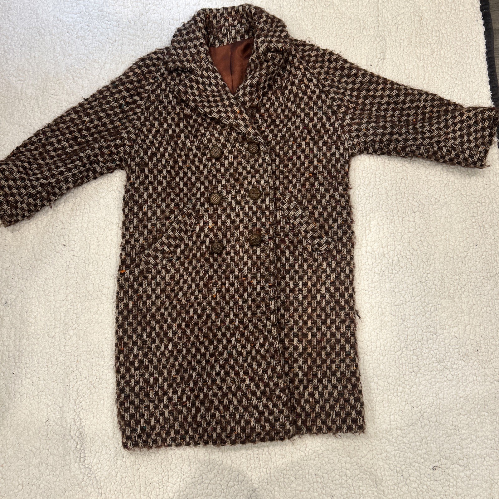 VTG 1960s Richard Barr Irish Wool Tweed Coat Heavy Basketweave Brown Mod ILGWU