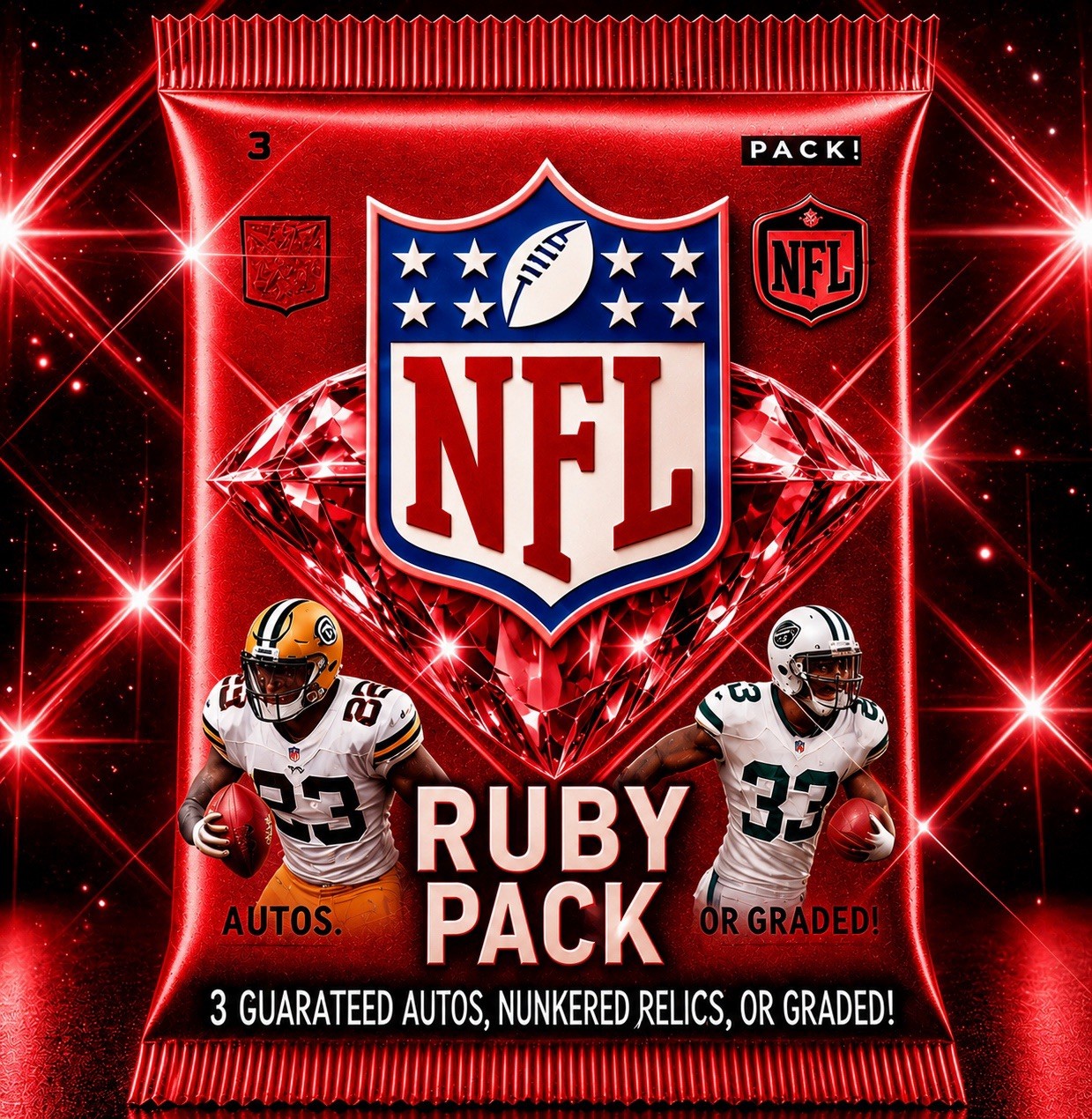 NFL Football Ruby Pack with 3 Guaranteed Autographs Relics or Numbered Cards