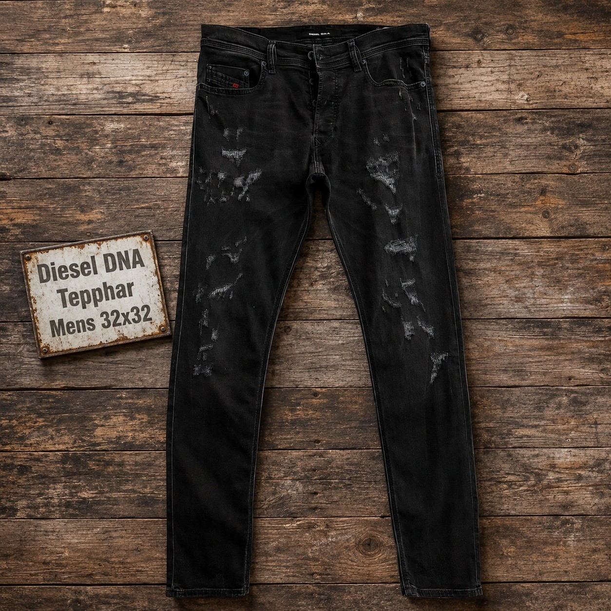 Diesel DNA Tepphar Mens 32x32 Black Distressed Slim Carrot Jeans 0683P Stretch