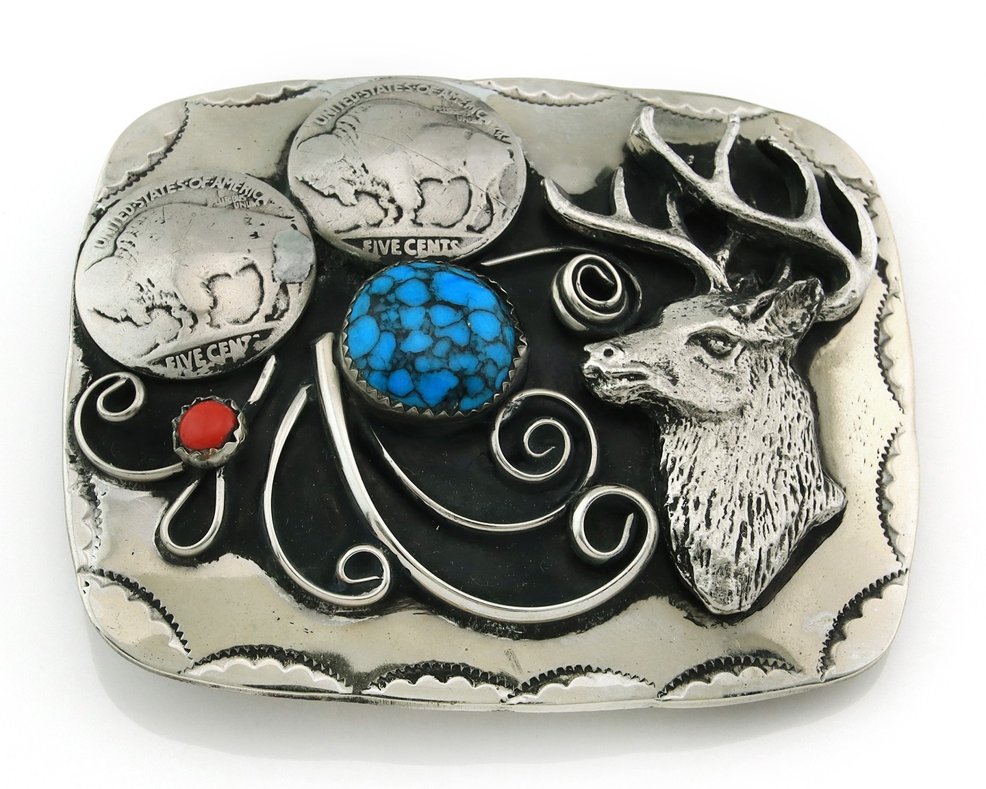 Navajo Dear Head Belt Buckle .999 Nickel Vintage Turquoise & Coral