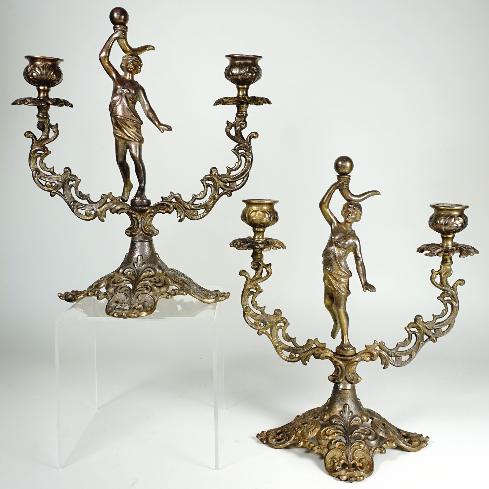 Pair Vintage Bronze or Brass Candle Holders Candlestick Candelabras Figural