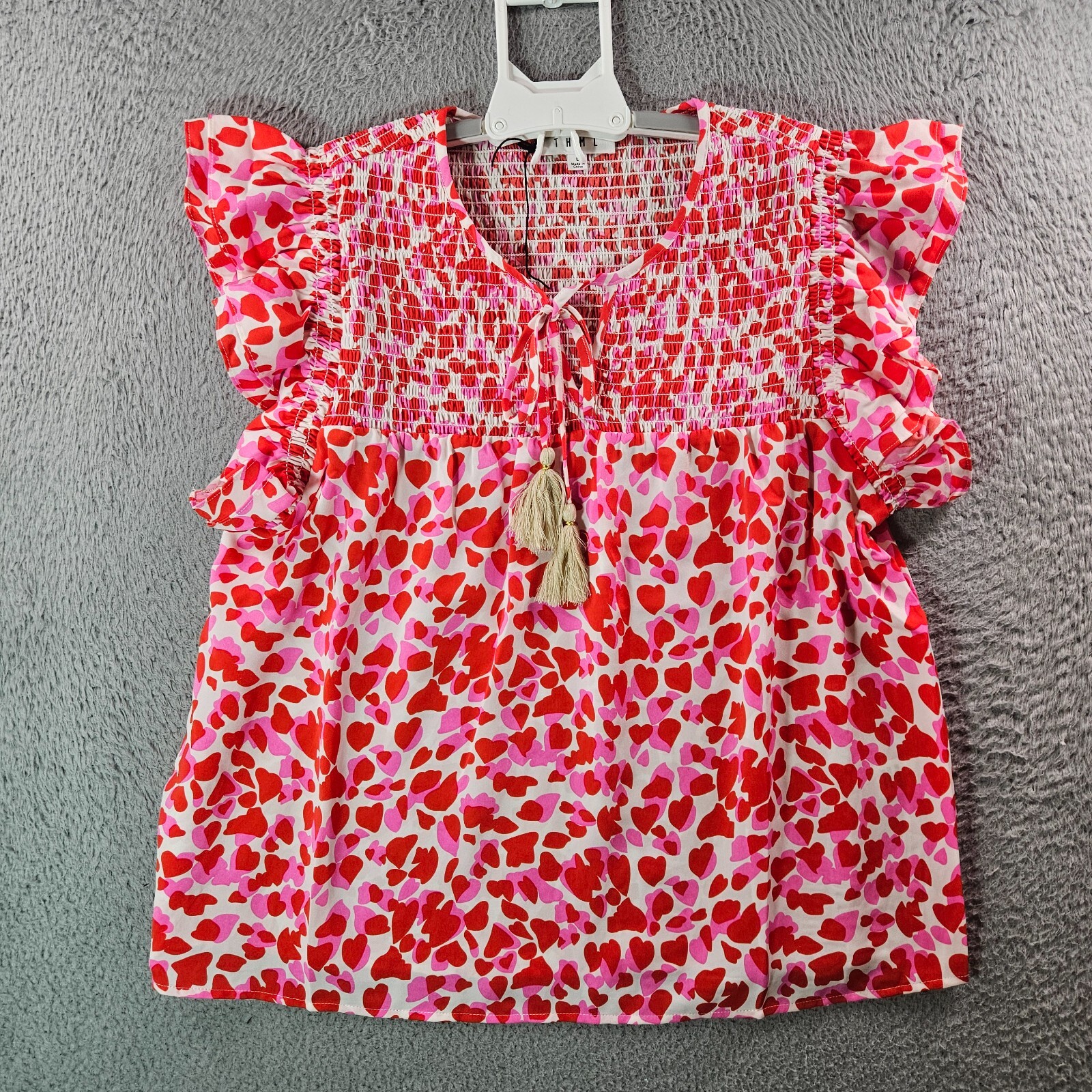 NWOT THML Top Women Large Heart Print Tassel Red Pink White Valentine