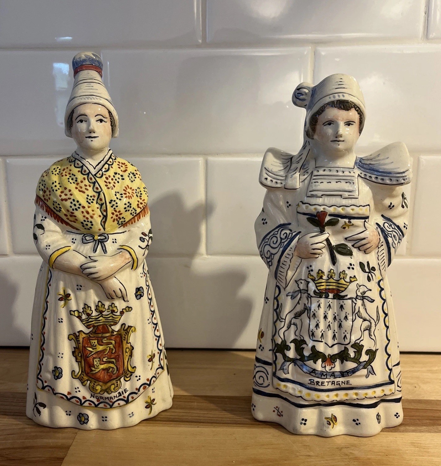 Pair Of Vintage French Faience Pottery Dinner Bell Normandie And Bretagne Flags