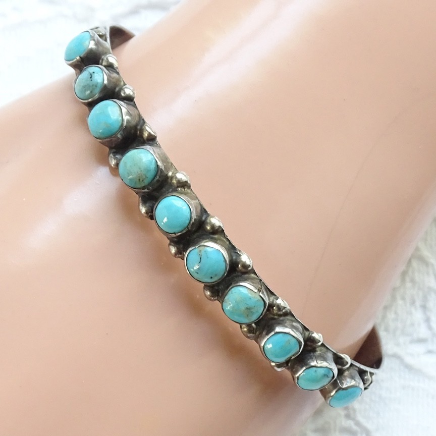 Vtg GJ or CJ Navajo Snake Eye Turquoise Row Cuff Bracelet Marked Sterling 6.5 in