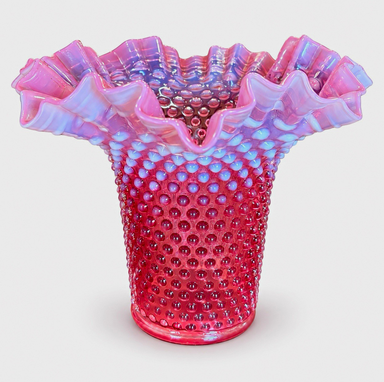 Vintage Fenton Cranberry Opalescent Hobnail Ruffled Vase 7.5” x 9.5 unmarked Vintage Fenton Cranberry Opalescent Hobnail Ruffled Vase 7.5” x 9.5 unmarked