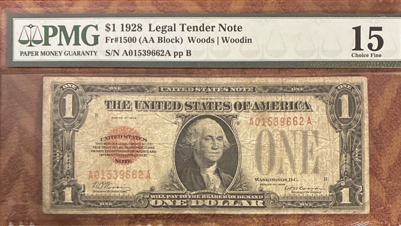 1928 $1 Funnyback Red Seal United States Note USN Legal Tender PMG 15 Fine 1928 $1 Funnyback Red Seal United States Note USN Legal Tender PMG 15 Fine