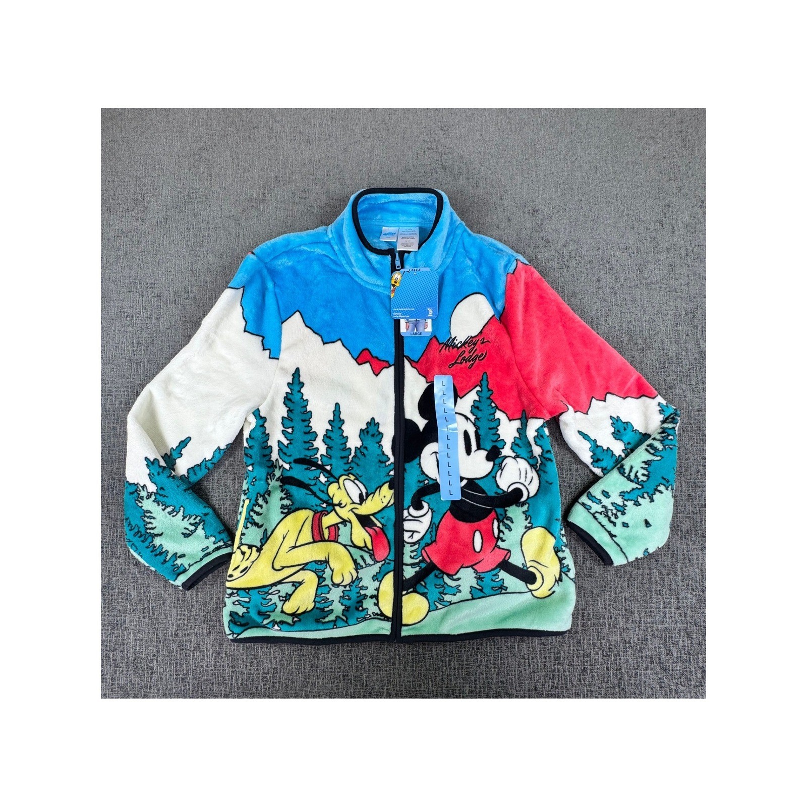 Disney Mickey and Friends Mickey\'s Lodge Fleece Jacket Pluto Mountain Large NEW