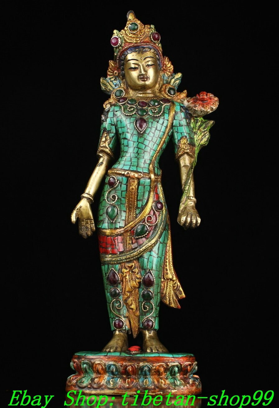 11.4\'\' Old Tibet Bronze Gilt Turquoise Padmapani Lokeshvara Tara Buddha Statue