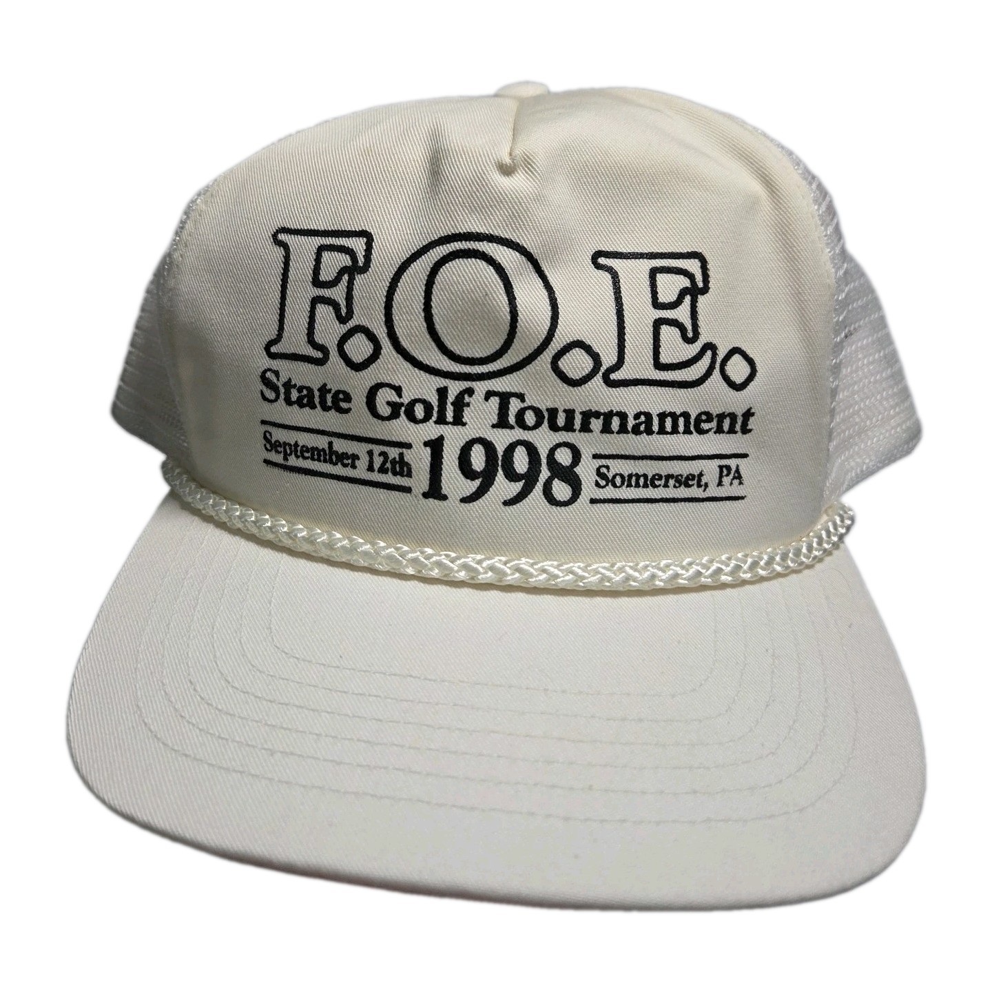 ​Vintage 1998 FOE Golf Tournament Trucker Hat White Rope Mesh Snapback San Sun