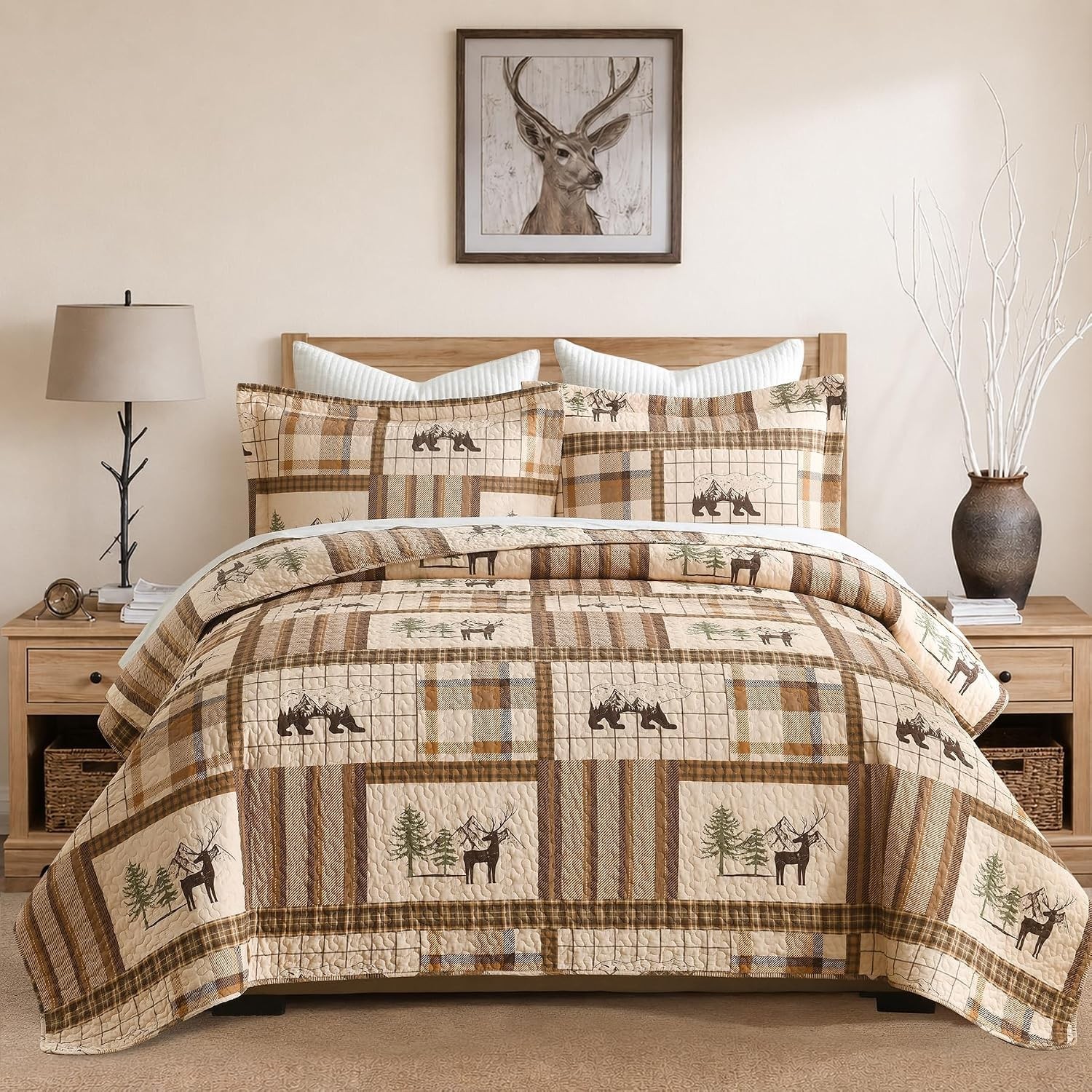 Cabin Quilt Set - 3-Piece King Rustic Bedding Set - ( Neutral Brown, 98x106 )