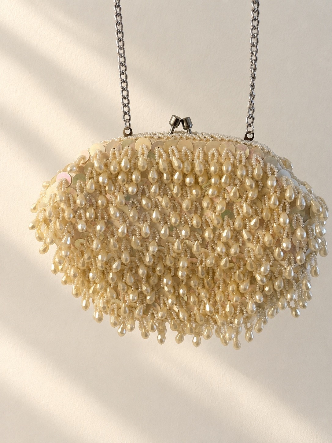 Vintage 1960s Hong Kong Beaded Evening Bag Ivory Sequin Pearlescent Fringe Purse