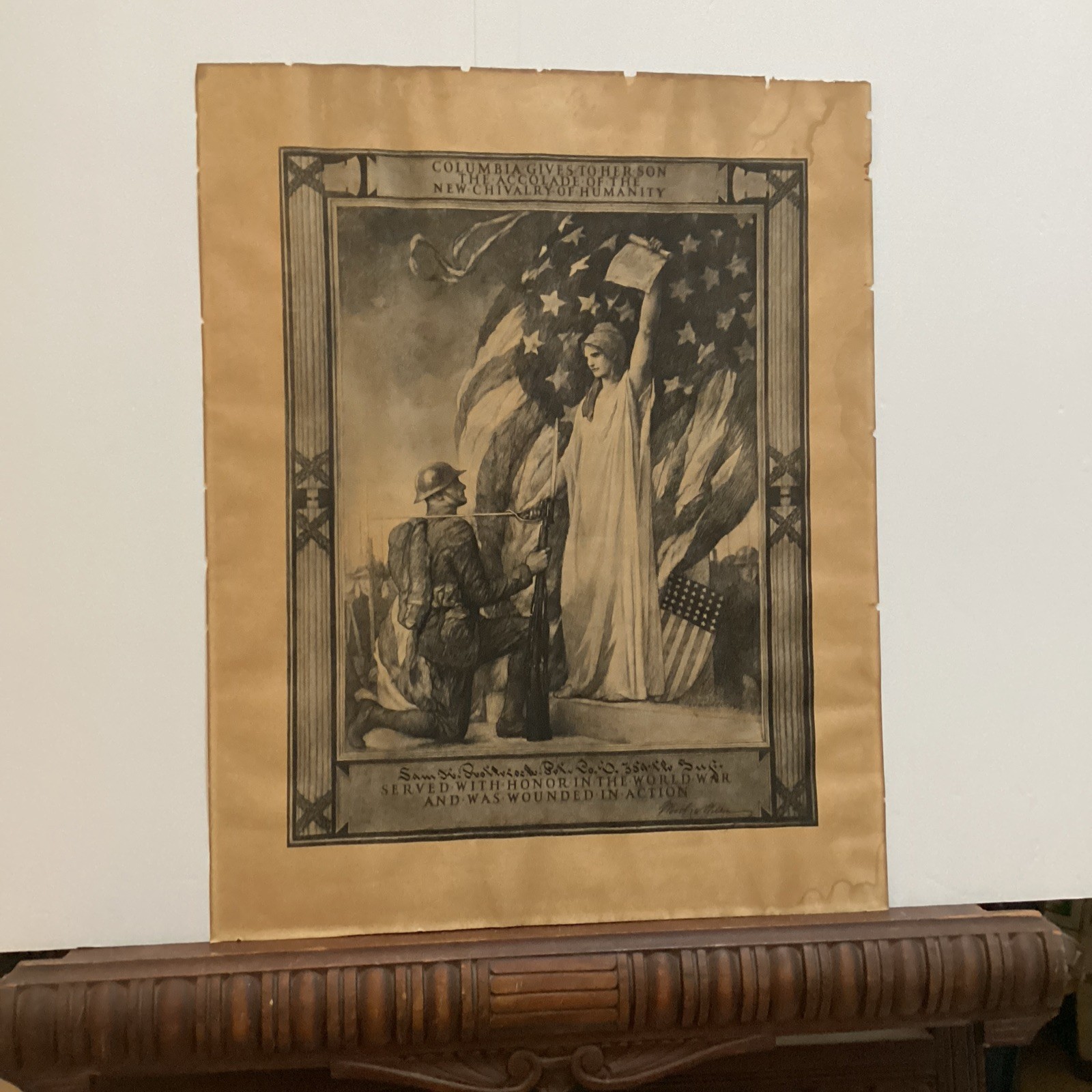 Original 1919 WWI Wounded In Action Certificate Framed Columbia Gives to Her Son