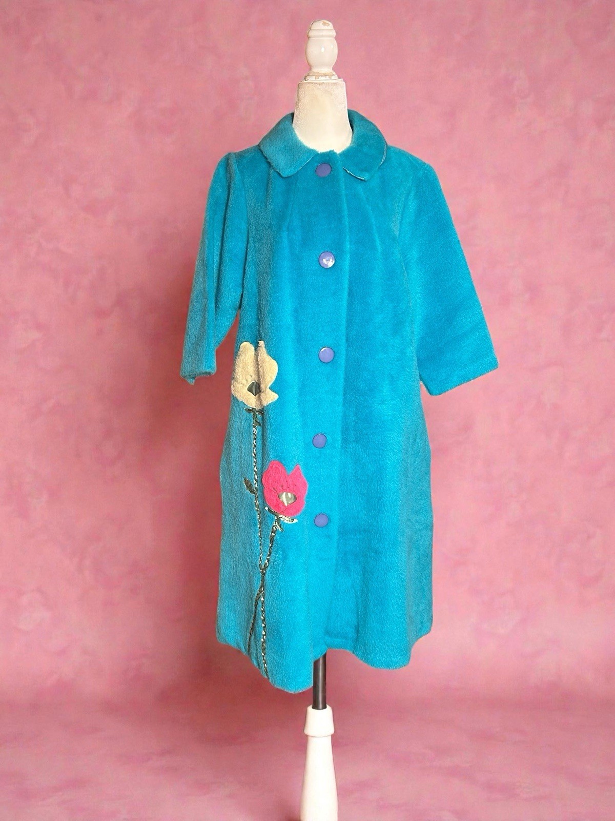 Vintage 1960s Swing Coat Plush Mod Flower Power Jacket L 14 Unionmade Turquoise 